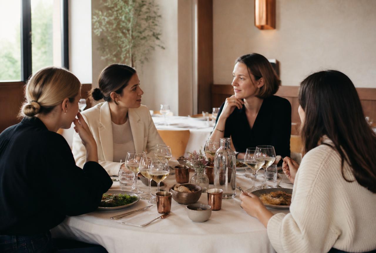 Four women in conversation around a daytime lunch table in a warm minimal restaurant